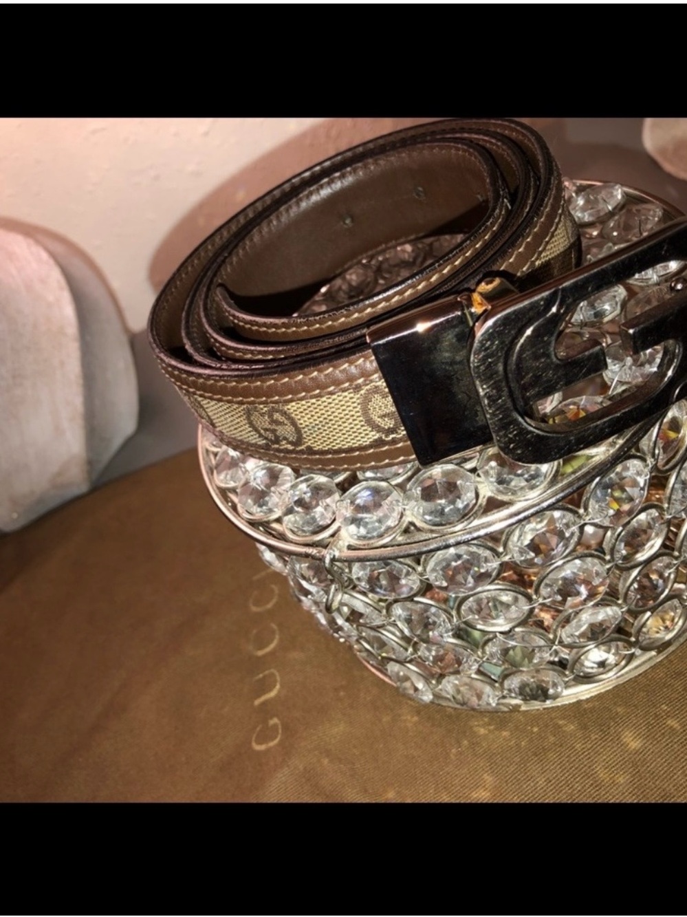 Gucci Brown Monogram Canvas Belt with Gold-Tone GG Buckle